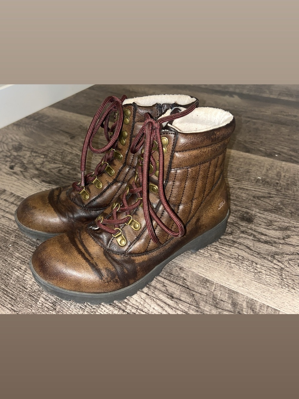 JBU Brown Quilted Lace-Up Ankle Boots with Burgundy Laces